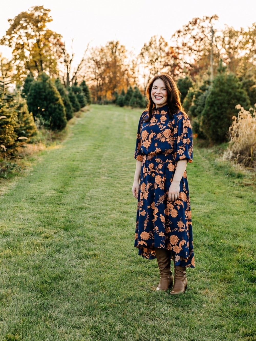 Navy Floral Midi Dress with Burnt Orange Blooms